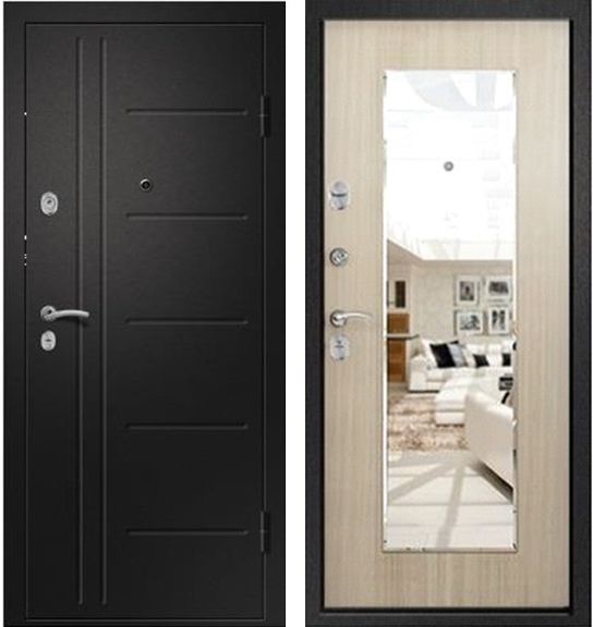 Стальная дверь с зеркалом Ретвизан, Медея 311, Черный сатин - Лиственница светлая