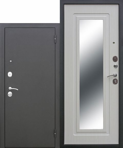 Стальная дверь с зеркалом Ultra, Муар- Белый ясень